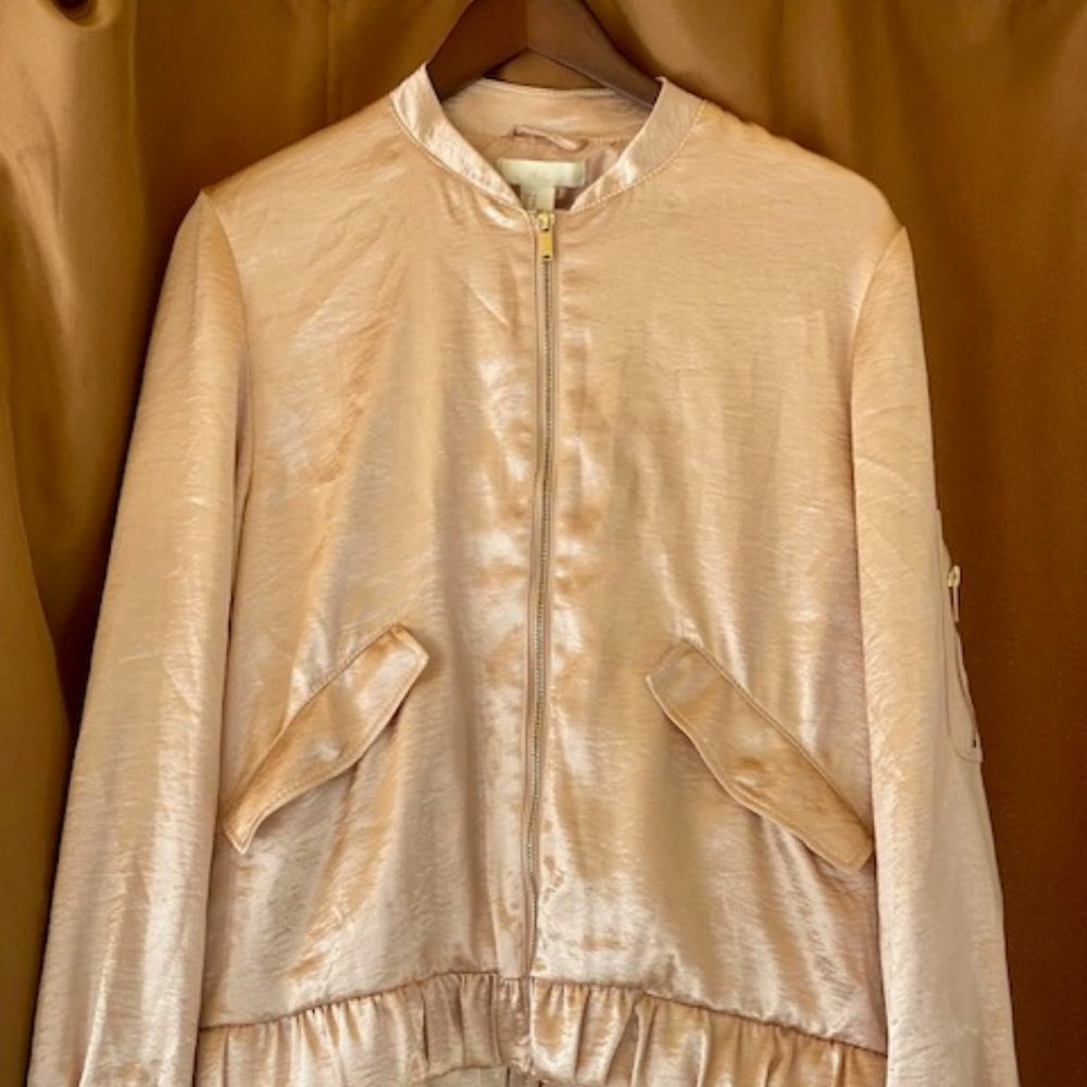 PINK SATIN BOMBER JACKET WITH GOLD HARDWARE